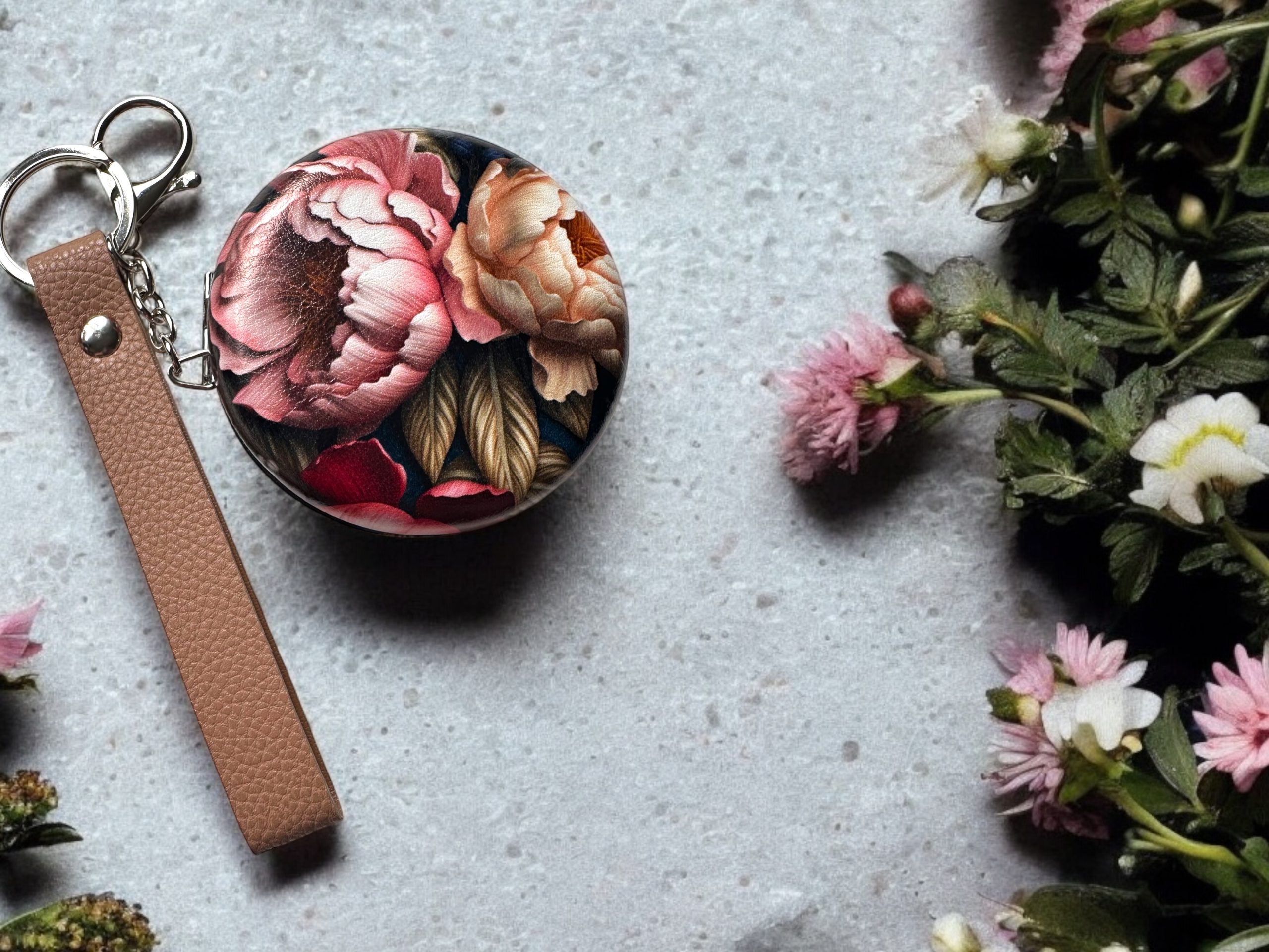 Çiçek Motifli Cep Ayna Charm - Görsel 3