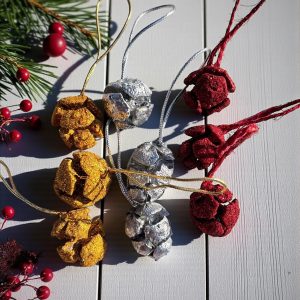 Noel Ağacı Süsleri, Kırmızı, Altın ve Gümüş Glitter Kaplı kozalak, 9 Parça Dekoratif Set