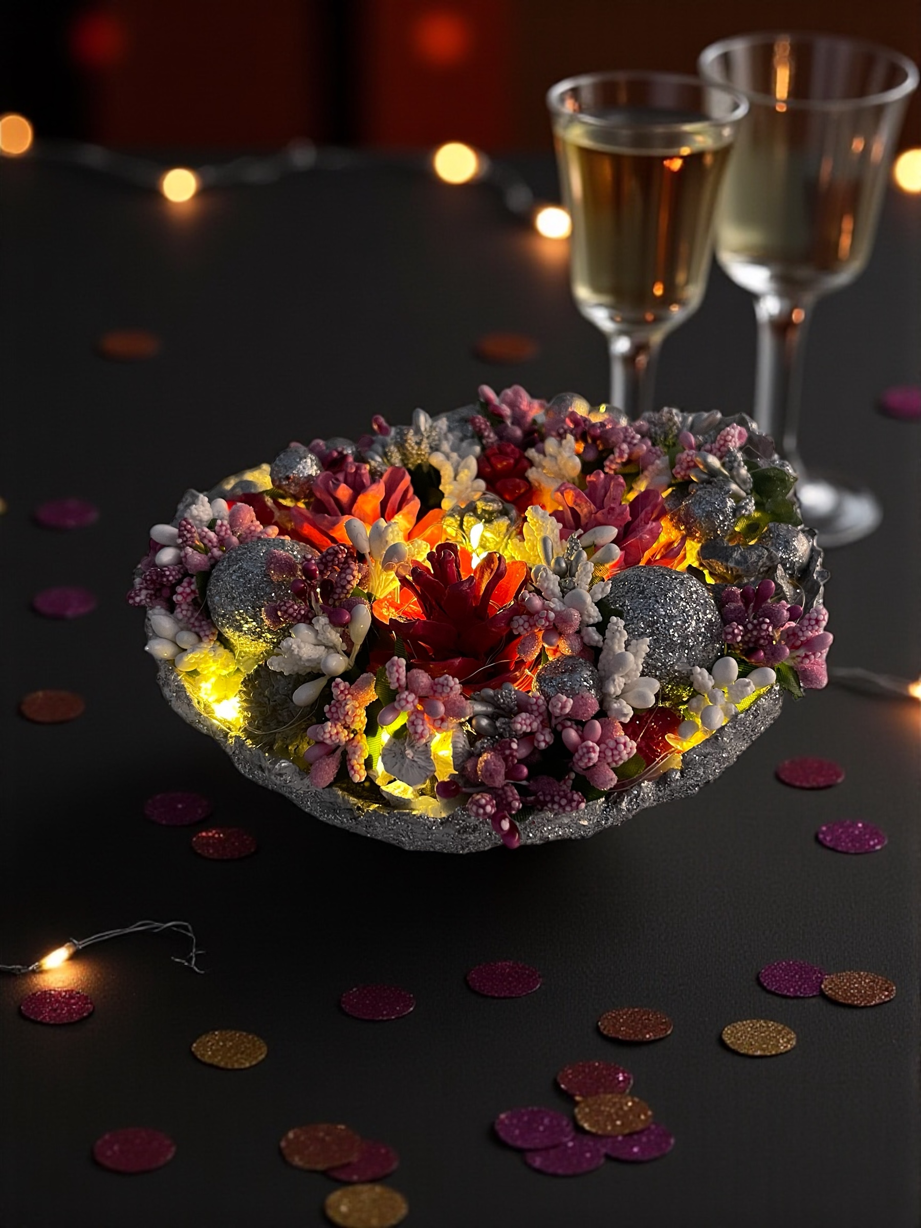 Silva Lumen Bowl Pembe-Gümüş Yılbaşı Kase 20x20x10 cm - Görsel 4