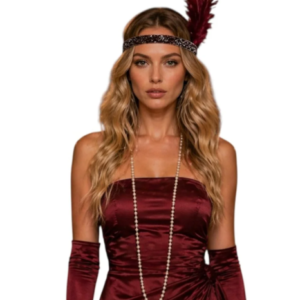 Bordo gümüş taşlı bordo tüylü gatsby taç
