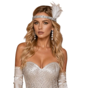 Gümüş taş ve beyaz tüy gatsby taç