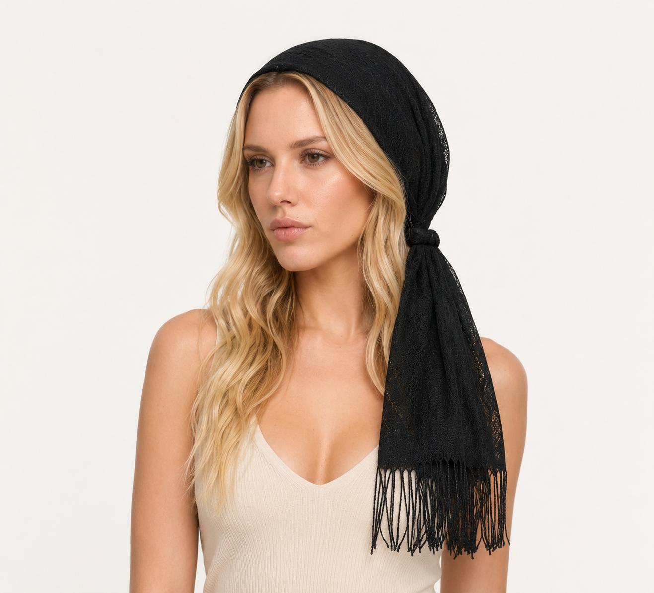 Siyah Dantel Saç Eşarbı & Boyun Fuları | Ayarlanabilir Bandana, Boho Headscarf, Vintage Kadın Saç Aksesuarı, Püskül Detaylı Fular - Görsel 4