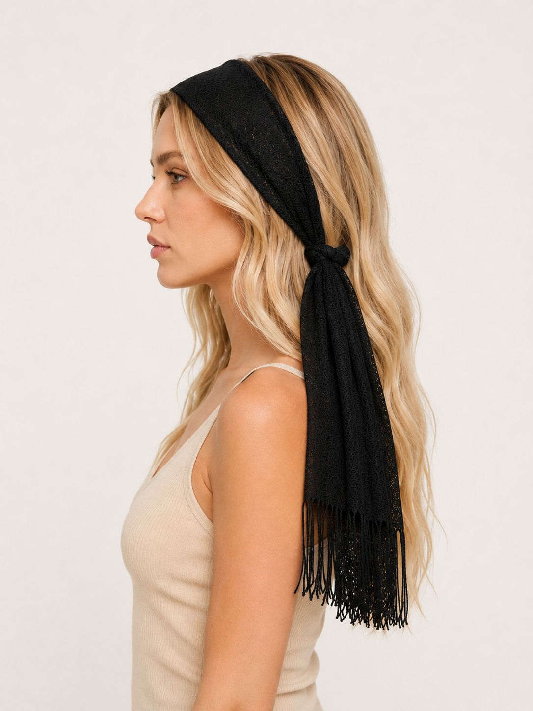 Siyah Dantel Saç Eşarbı & Boyun Fuları | Ayarlanabilir Bandana, Boho Headscarf, Vintage Kadın Saç Aksesuarı, Püskül Detaylı Fular - Görsel 5