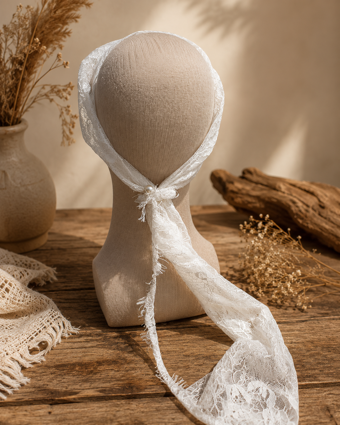Beyaz Dantel Saç Eşarbı & Boyun Fuları | Ayarlanabilir Vintage Bandana, Boho Headscarf - Görsel 3